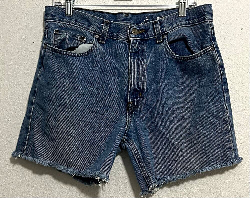 George Men's Blue Solid Denim Cut Off Shorts, Cotton, Medium Wash, Button